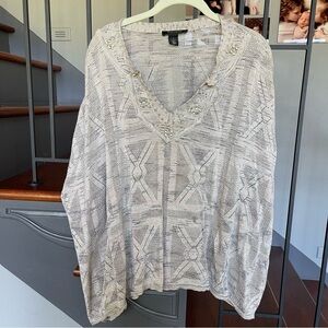 White House Black Market Gray  Knit V-Neck embellished Poncho Sweater size small